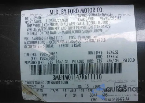 2007 Mercury Milan V6 из США, поврежденный, VIN 3MEHM01147R611110